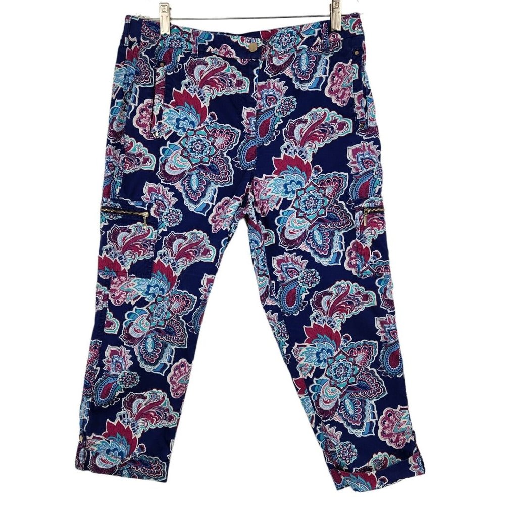 Chicos Cropped Zip Cargo Pants Size 1P (US 8) Blue Paisley Print Roll Cuff Leg